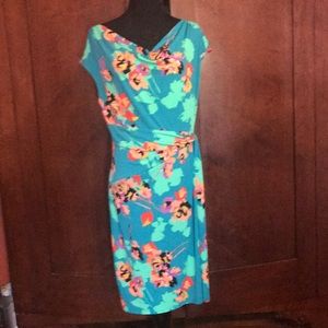 Polyester dress teal and orange floral print